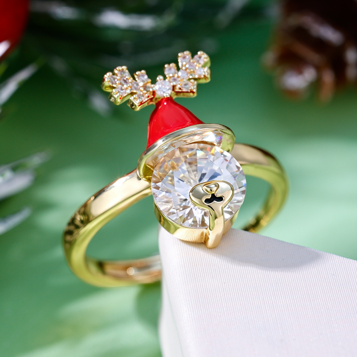 Festive Christmas Antler Statement Ring with Zirconia & Red Enamel